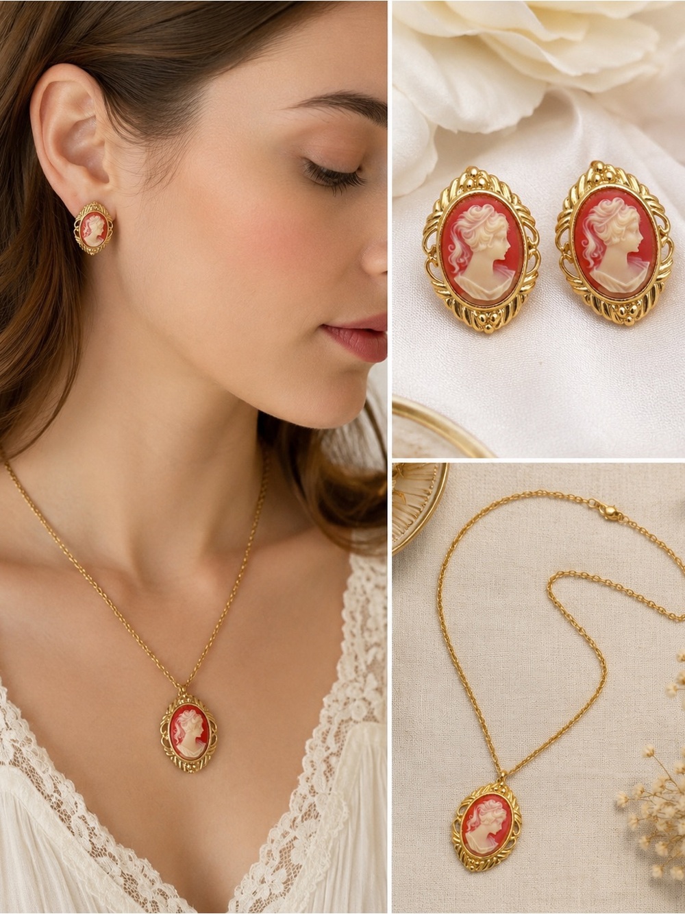 Gold Cameo Drop Earrings in Pink and Gold